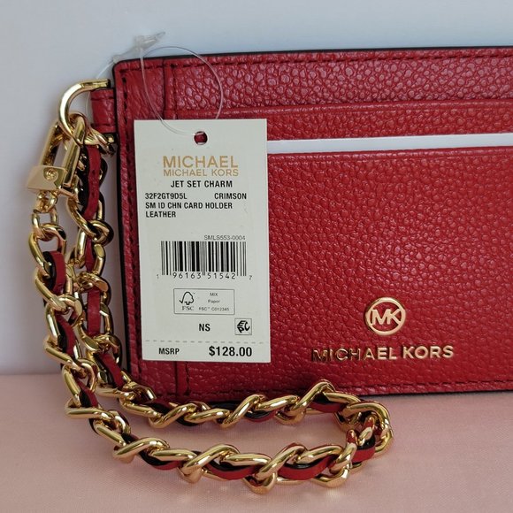 MICHAEL KORS Jet Set Small ID Pebbled Leather Chain Card Holder Case-Crimson $69 - Picture 16 of 16